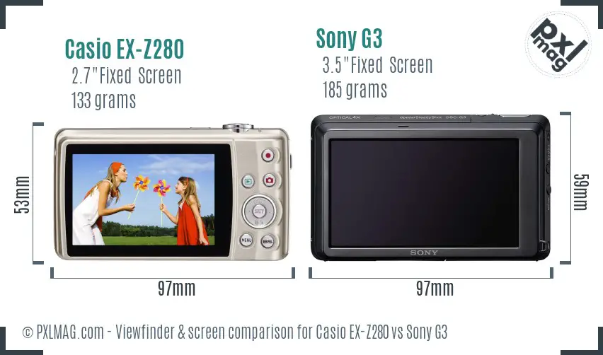 Casio EX-Z280 vs Sony G3 Screen and Viewfinder comparison