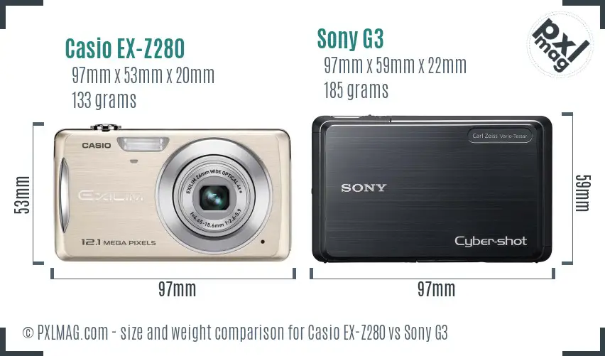 Casio EX-Z280 vs Sony G3 size comparison