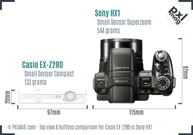Casio EX-Z280 vs Sony HX1 top view buttons comparison
