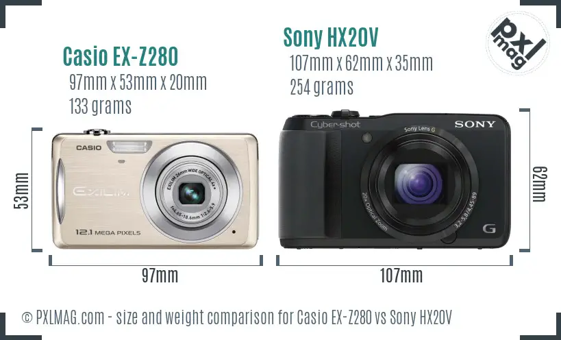 Casio EX-Z280 vs Sony HX20V size comparison