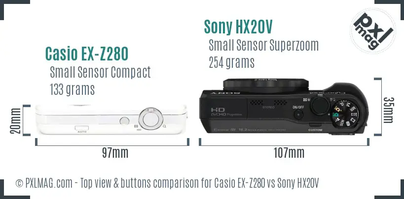 Casio EX-Z280 vs Sony HX20V top view buttons comparison