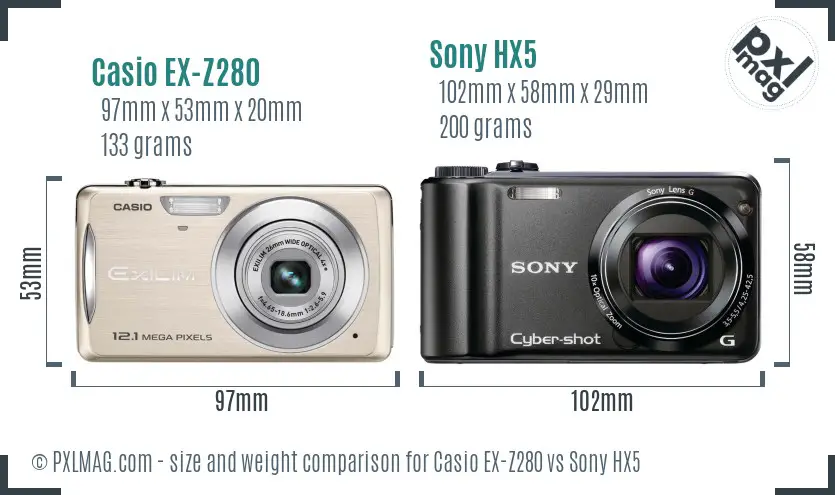 Casio EX-Z280 vs Sony HX5 size comparison