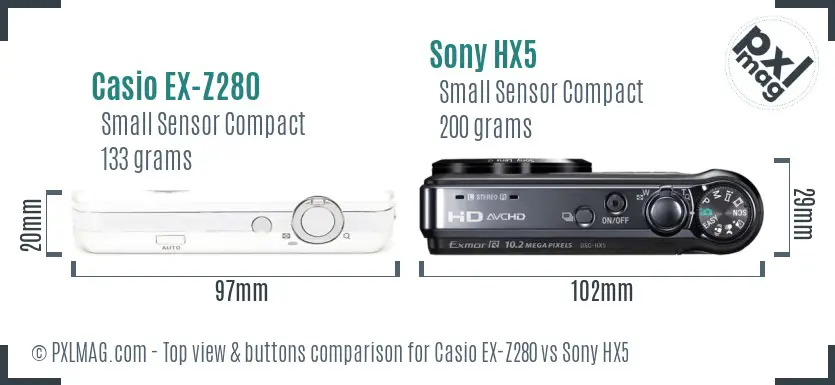 Casio EX-Z280 vs Sony HX5 top view buttons comparison