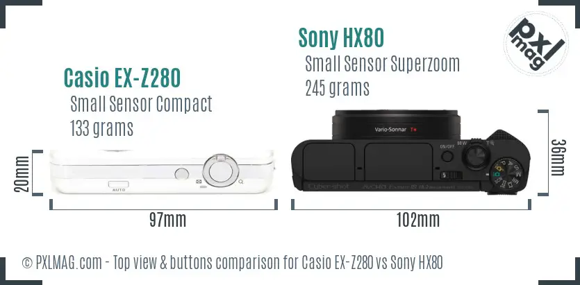 Casio EX-Z280 vs Sony HX80 top view buttons comparison