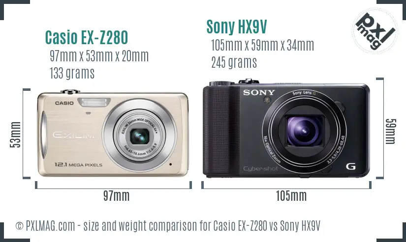 Casio EX-Z280 vs Sony HX9V size comparison