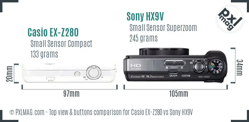 Casio EX-Z280 vs Sony HX9V top view buttons comparison