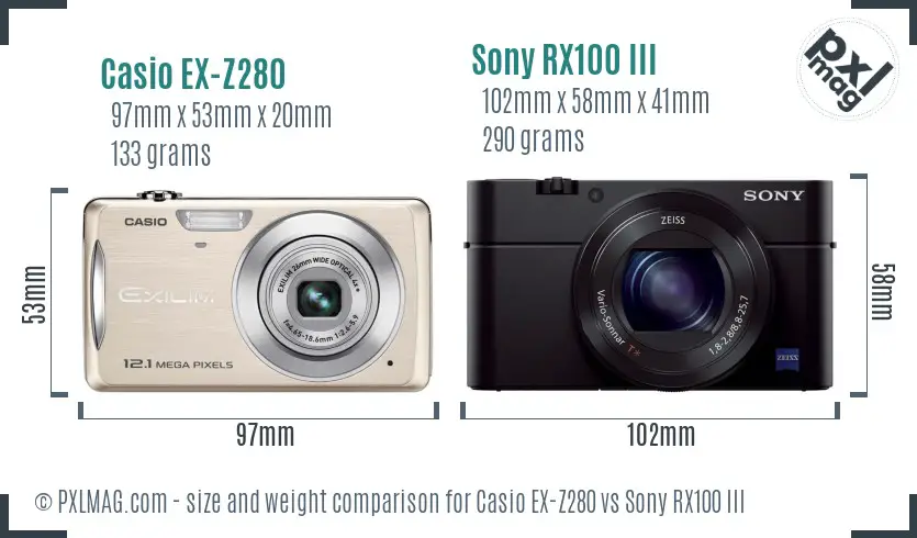 Casio EX-Z280 vs Sony RX100 III size comparison