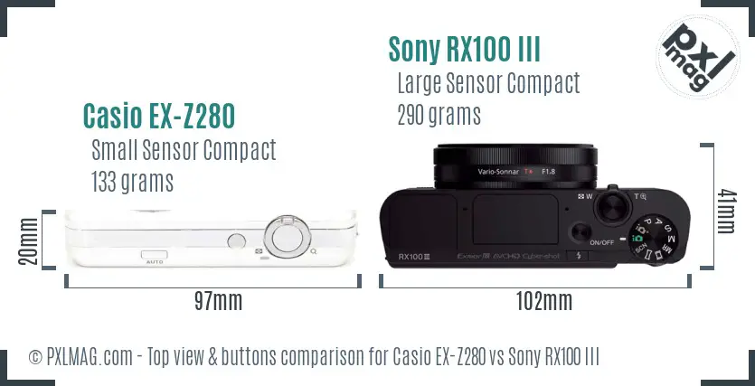 Casio EX-Z280 vs Sony RX100 III top view buttons comparison