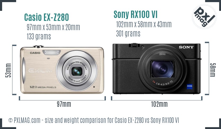 Casio EX-Z280 vs Sony RX100 VI size comparison