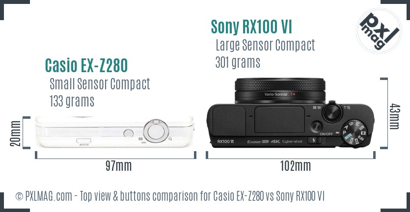 Casio EX-Z280 vs Sony RX100 VI top view buttons comparison