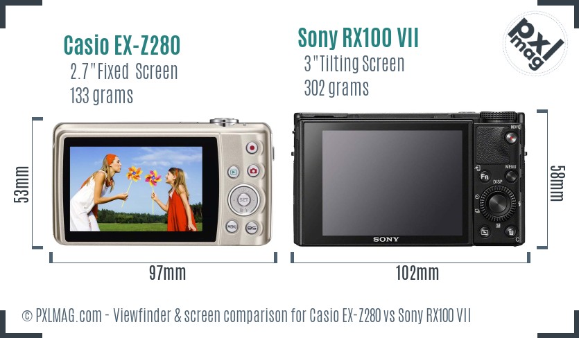 Casio EX-Z280 vs Sony RX100 VII Screen and Viewfinder comparison