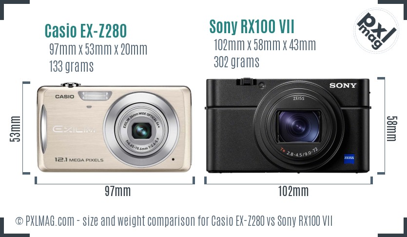 Casio EX-Z280 vs Sony RX100 VII size comparison