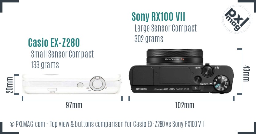 Casio EX-Z280 vs Sony RX100 VII top view buttons comparison