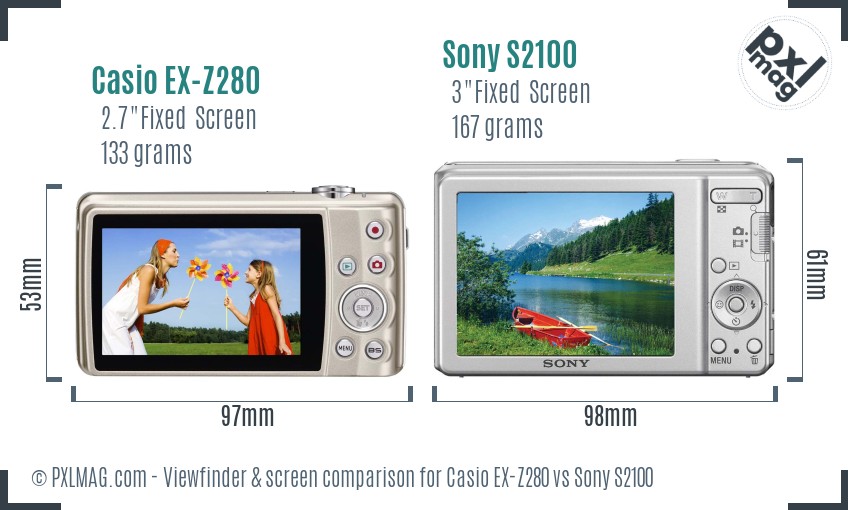 Casio EX-Z280 vs Sony S2100 Screen and Viewfinder comparison