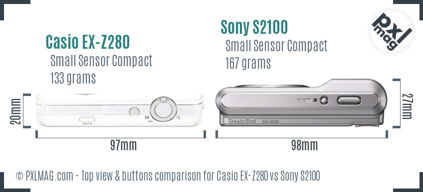 Casio EX-Z280 vs Sony S2100 top view buttons comparison