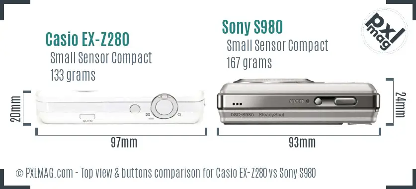 Casio EX-Z280 vs Sony S980 top view buttons comparison Casio EX-Z280 vs Sony S980 top view buttons comparison