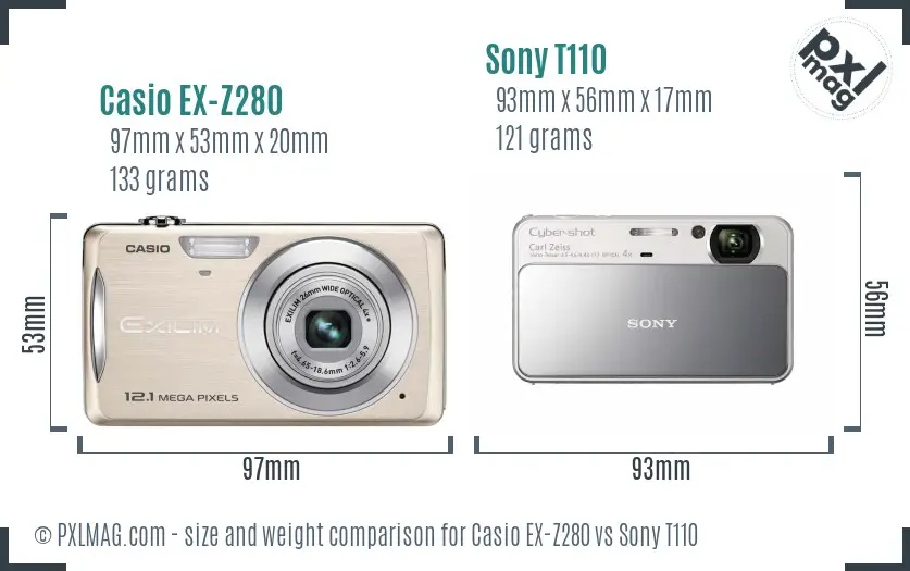 Casio EX-Z280 vs Sony T110 size comparison