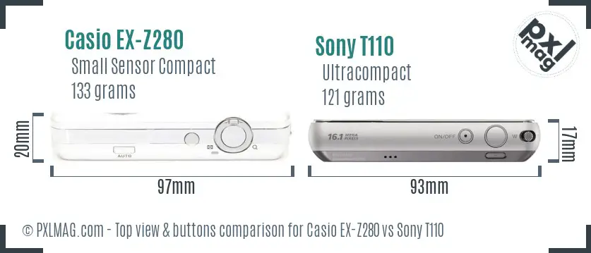 Casio EX-Z280 vs Sony T110 top view buttons comparison