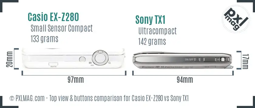 Casio EX-Z280 vs Sony TX1 top view buttons comparison