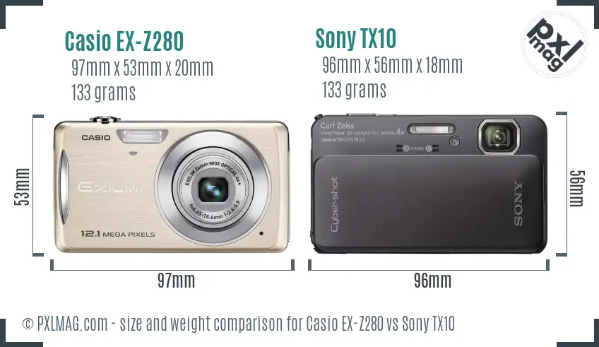 Casio EX-Z280 vs Sony TX10 size comparison