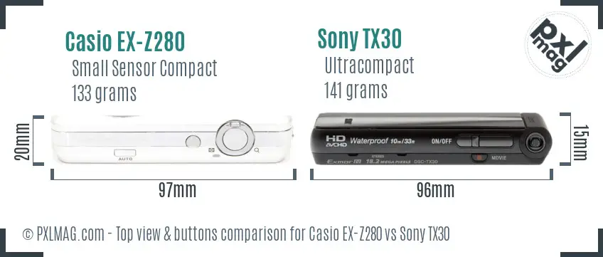 Casio EX-Z280 vs Sony TX30 top view buttons comparison Casio EX-Z280 vs Sony TX30 top view buttons comparison