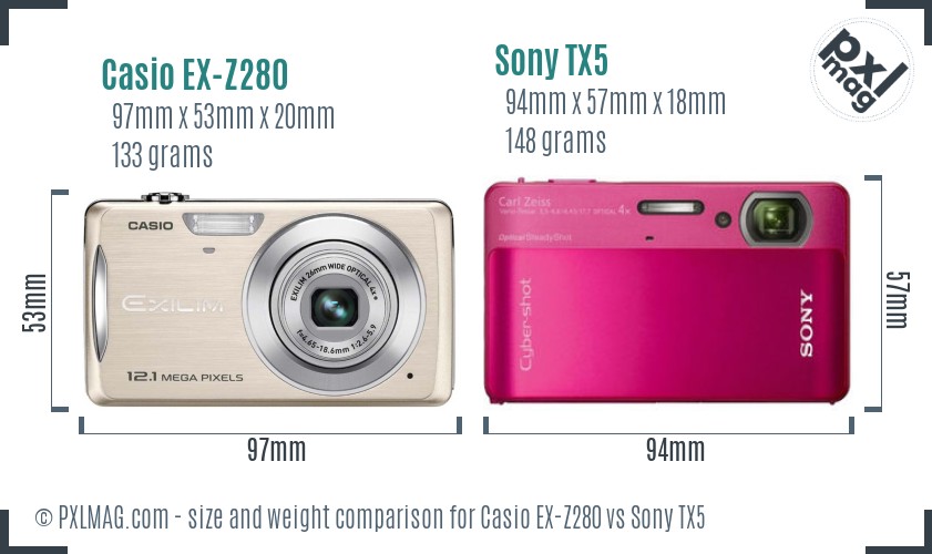 Casio EX-Z280 vs Sony TX5 size comparison