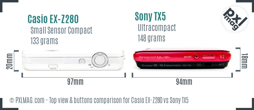 Casio EX-Z280 vs Sony TX5 top view buttons comparison
