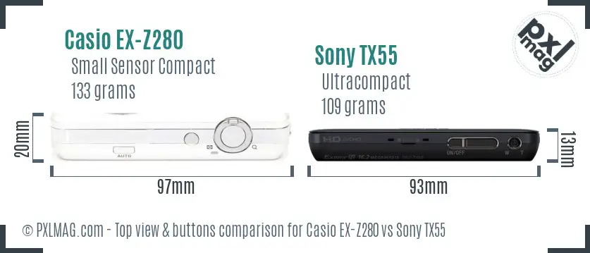 Casio EX-Z280 vs Sony TX55 top view buttons comparison Casio EX-Z280 vs Sony TX55 top view buttons comparison