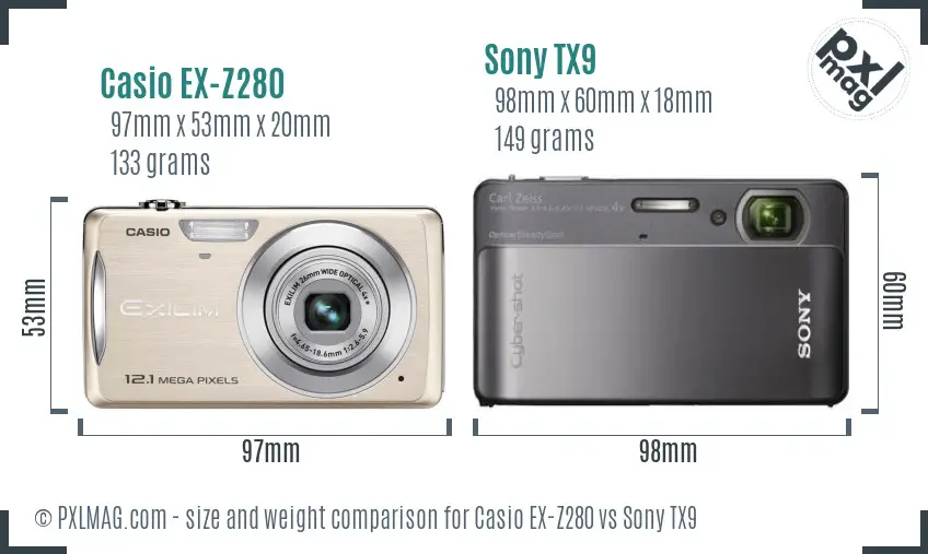 Casio EX-Z280 vs Sony TX9 size comparison