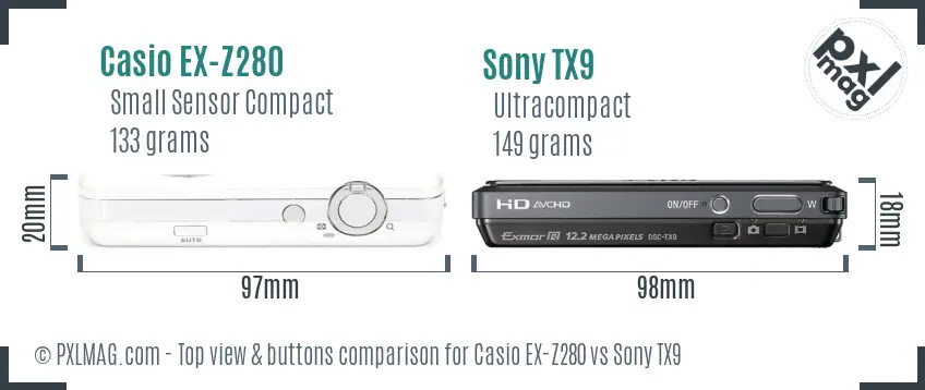 Casio EX-Z280 vs Sony TX9 top view buttons comparison