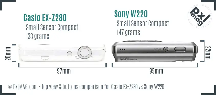 Casio EX-Z280 vs Sony W220 top view buttons comparison