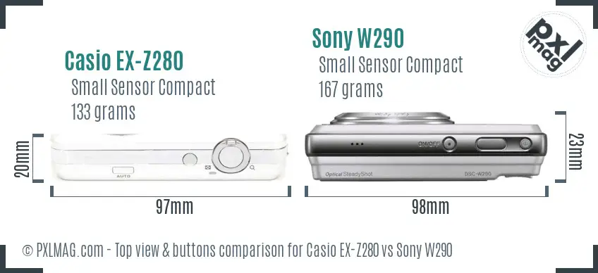 Casio EX-Z280 vs Sony W290 top view buttons comparison Casio EX-Z280 vs Sony W290 top view buttons comparison