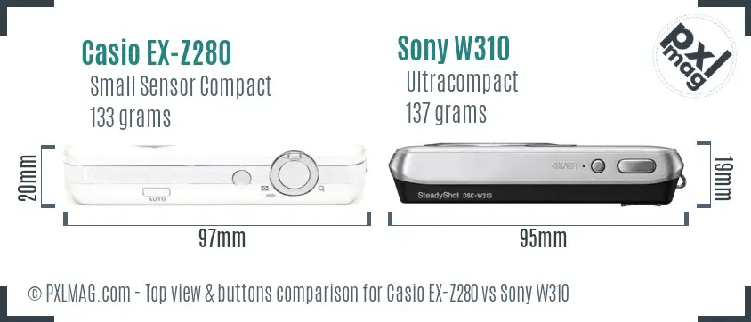Casio EX-Z280 vs Sony W310 top view buttons comparison Casio EX-Z280 vs Sony W310 top view buttons comparison