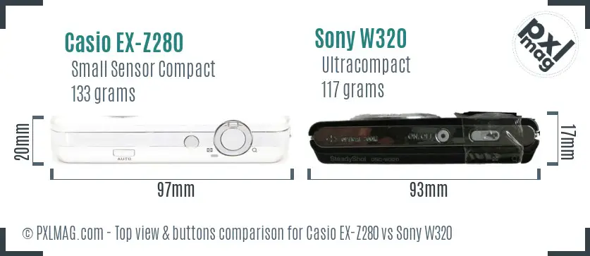 Casio EX-Z280 vs Sony W320 top view buttons comparison Casio EX-Z280 vs Sony W320 top view buttons comparison