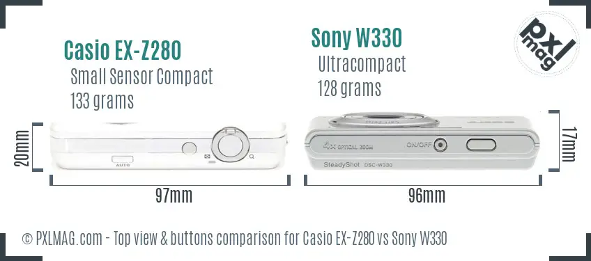 Casio EX-Z280 vs Sony W330 top view buttons comparison Casio EX-Z280 vs Sony W330 top view buttons comparison