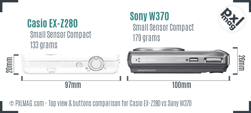 Casio EX-Z280 vs Sony W370 top view buttons comparison
