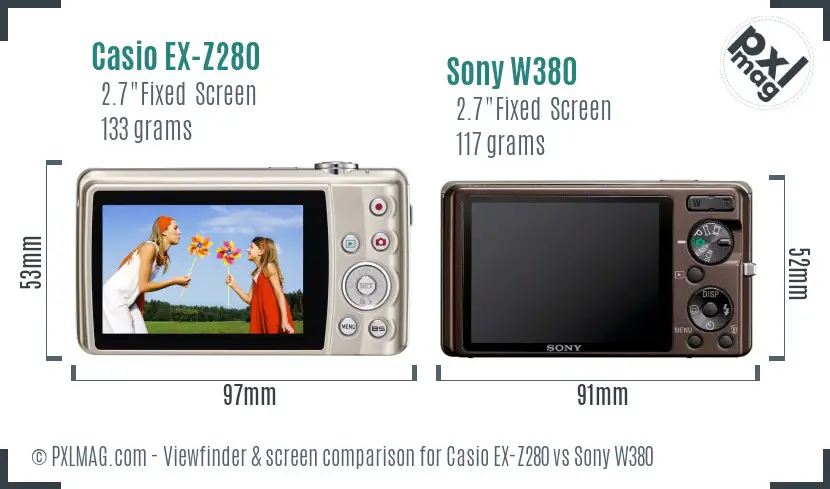 Casio EX-Z280 vs Sony W380 Screen and Viewfinder comparison