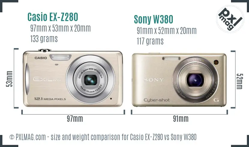 Casio EX-Z280 vs Sony W380 size comparison