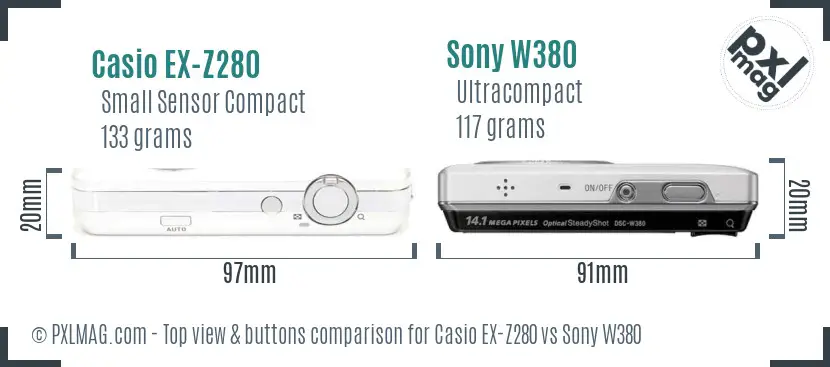 Casio EX-Z280 vs Sony W380 top view buttons comparison