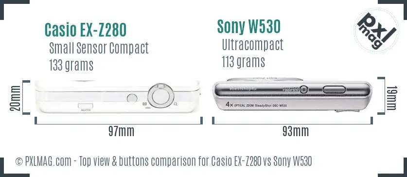 Casio EX-Z280 vs Sony W530 top view buttons comparison