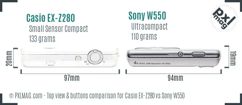 Casio EX-Z280 vs Sony W550 top view buttons comparison