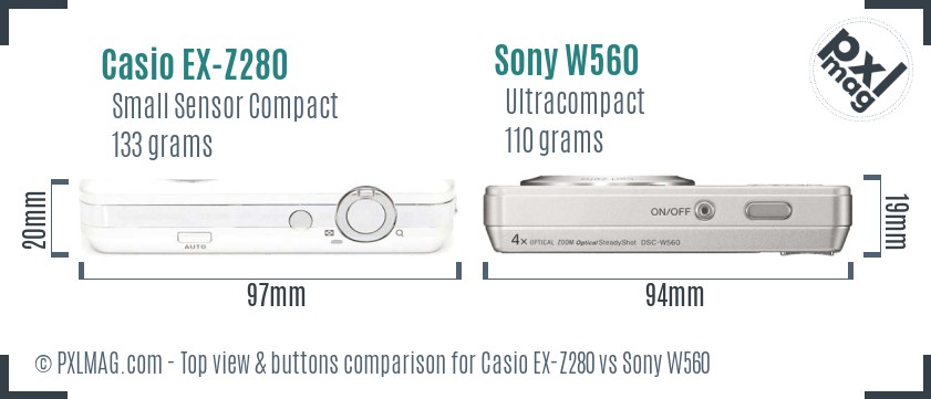 Casio EX-Z280 vs Sony W560 top view buttons comparison