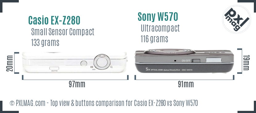 Casio EX-Z280 vs Sony W570 top view buttons comparison