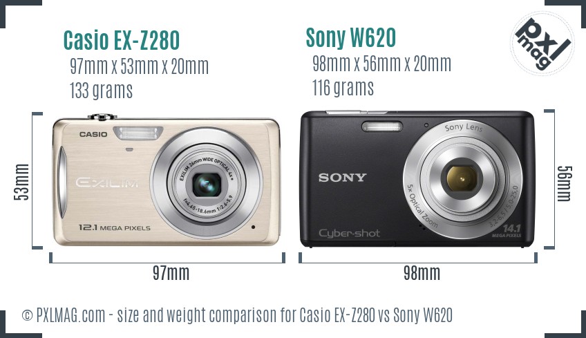 Casio EX-Z280 vs Sony W620 size comparison