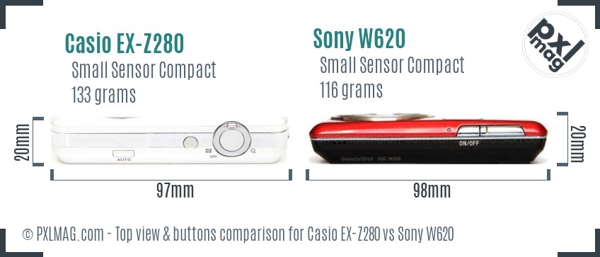 Casio EX-Z280 vs Sony W620 top view buttons comparison