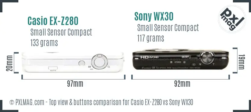 Casio EX-Z280 vs Sony WX30 top view buttons comparison