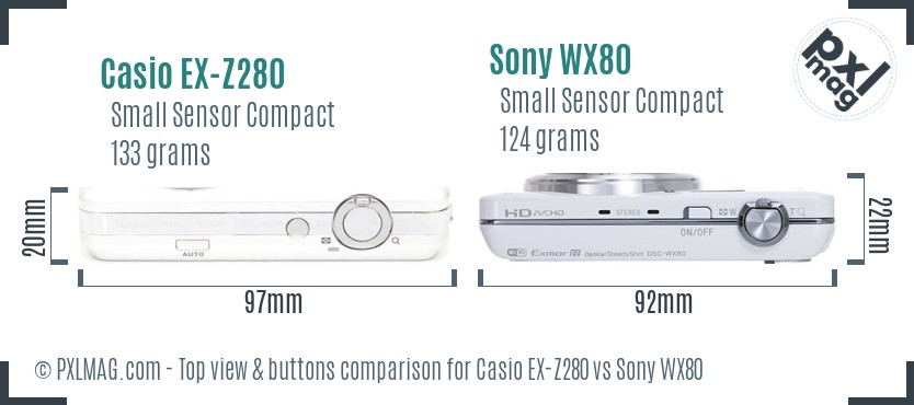 Casio EX-Z280 vs Sony WX80 top view buttons comparison