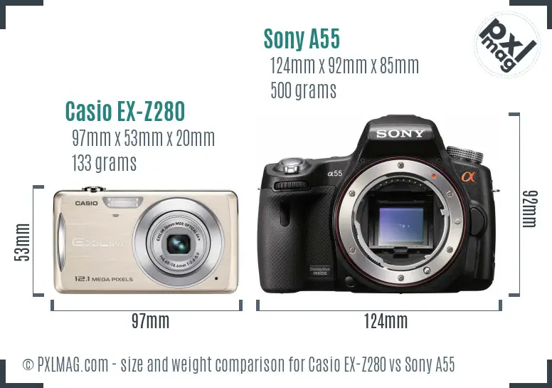 Casio EX-Z280 vs Sony A55 size comparison