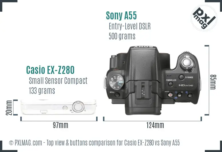 Casio EX-Z280 vs Sony A55 top view buttons comparison