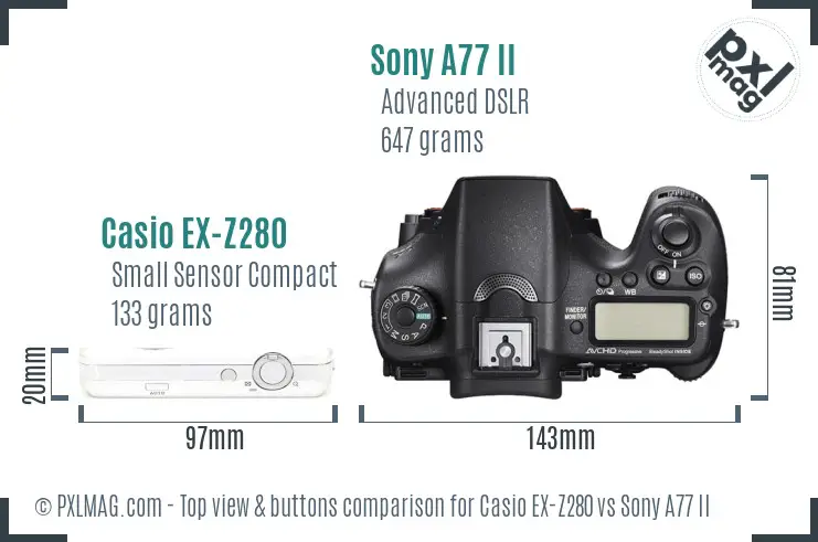 Casio EX-Z280 vs Sony A77 II top view buttons comparison